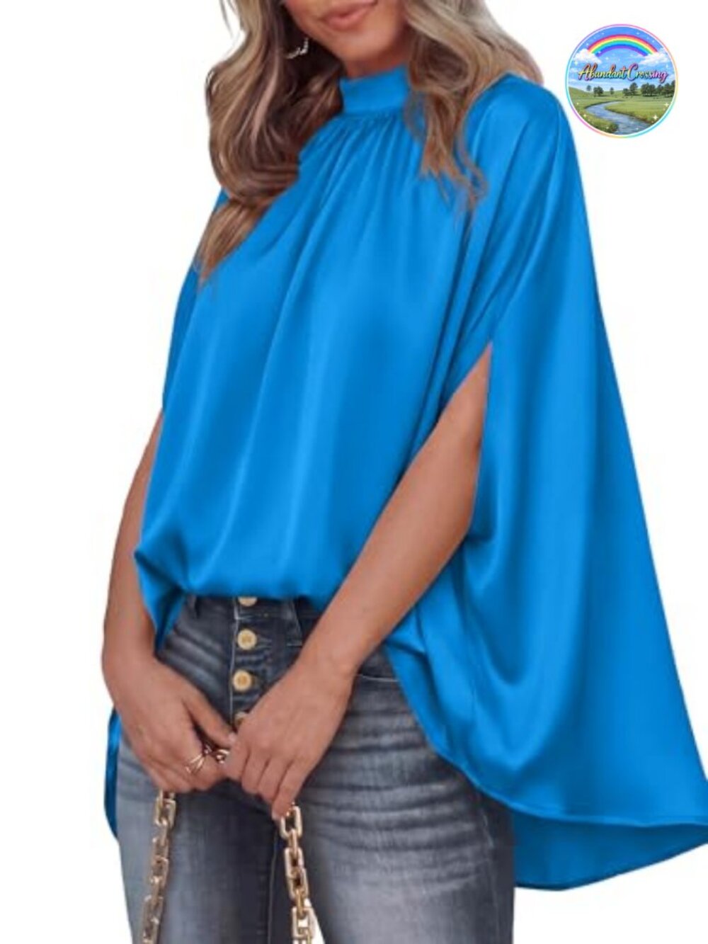 Oversized Satin Blouse Batwing Sleeve Mock Neck High Low Hem Womens Top